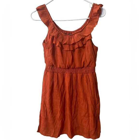 As U Wish Burnt Orange Ruffle Collar Sleeveless Smocked Mini Dress - Size S - Picture 1 of 8